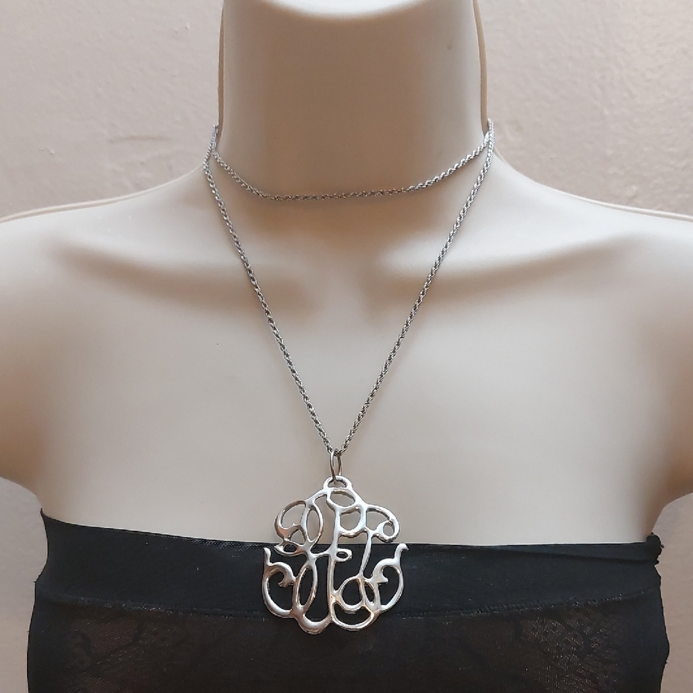 Shiny Monogram Pendant Silver Tone Rope Chain Long Length Necklace